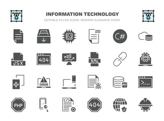 set of information technology filled icons. information technology glyph icons such as page, hardware, c sharp, 404 error, hyperlink, program error, mysql, seo ranking, error 404, engineering