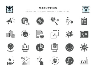 set of marketing filled icons. marketing glyph icons such as promote, offer, salesman, ratio, sale, online store, on, sales, configuration, performance vector.