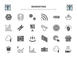 set of marketing filled icons. marketing glyph icons such as ad blocker, service, off, eticket, web graphic, velocity test, web cursor, demand, id, get money vector.