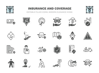 set of insurance and coverage filled icons. insurance and coverage glyph icons such as payment protection, repair, investment insurance, overturned vehicle, replacement value, delivery contract
