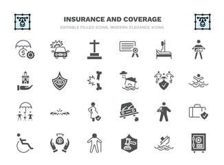set of insurance and coverage filled icons. insurance and coverage glyph icons such as money insurance, funeral, hospitalization, vision family frontal crash, broken arm, savings, legal expenses,