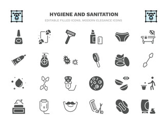 set of hygiene and sanitation filled icons. hygiene and sanitation glyph icons such as varnish, shaving razor, underwear, antiseptic, gel, cotton swabs, lens, epliator, grooming, shaving gel vector.