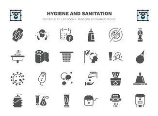 set of hygiene and sanitation filled icons. hygiene and sanitation glyph icons such as hygienic pad, appointment book, antibacterial, paper towel, scrub up, epilator, baby wipe, cosmetics, flossing,