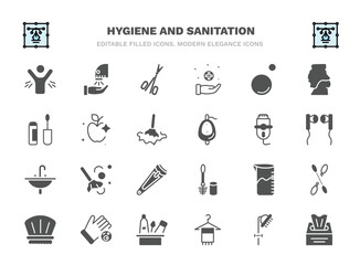 set of hygiene and sanitation filled icons. hygiene and sanitation glyph icons such as body odour, nail scissors, bubble, food hygiene, depilator, dust cleaning, detergent dose, drying hands, face