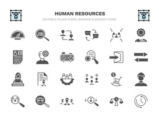 set of human resources filled icons. human resources glyph icons such as balanced scorecard, change personal, meeting point, emotional intelligence, quit, job application, pension, job, recruitment,