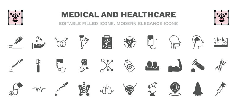 set of medical and healthcare filled icons. medical and healthcare glyph icons such as brush with tooth paste, united heterosexual, biological warning, dermis, perfusion, tag with a cross, medicine