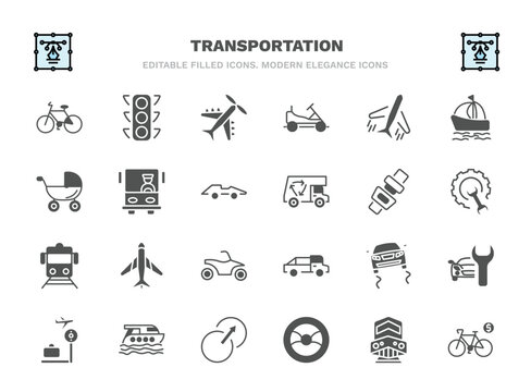 set of transportation filled icons. transportation glyph icons such as bicycle side view, light aircraft, flights, bus front with driver, seatbelt, airplane pointing up, slippy road, luxury yacht,