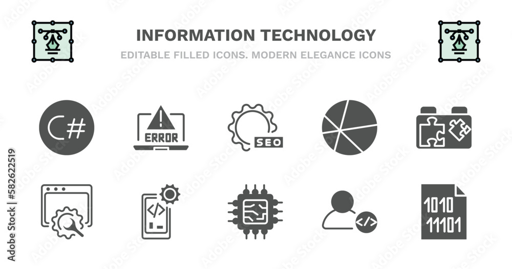 Wall mural set of information technology filled icons. information technology glyph icons such as program error