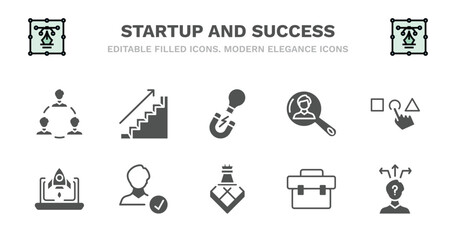 set of startup and success filled icons. startup and success glyph icons such as career ladder, idea magnet, resources, choose, startup laptop, laptop, hire, strategy game, experience, strategy