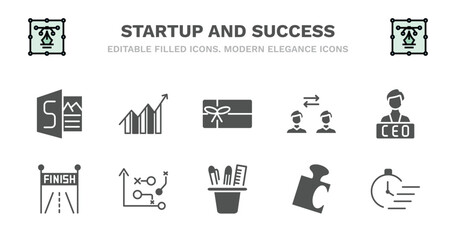 set of startup and success filled icons. startup and success glyph icons such as increase, gift voucher, exchanging, ceo, finish line, finish line, strategy management, stationery, jigsaw, quick