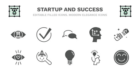 set of startup and success filled icons. startup and success glyph icons such as accept, discussion, strategical planning, rivalry, attractive, attractive, startup project search, bulb, head,