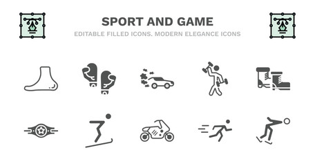 set of sport and game filled icons. sport and game glyph icons such as two boxing gloves, drift car, excersice, ski boots, champion belt, champion belt, jumping ski, race bike, man sprinting, ice