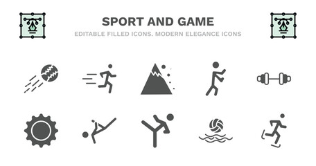 set of sport and game filled icons. sport and game glyph icons such as excercise, snow slide zone, man punching, gym weight, equipment, equipment, capoeira, taekwondo, waterpolo, ice skating vector.