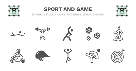 set of sport and game filled icons. sport and game glyph icons such as weight lifting, stretching, balls, boy with skatingboard, motorbike riding, motorbike riding, baseball helmet, yoga posture,
