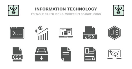 set of information technology filled icons. information technology glyph icons such as seo growth, program interface, jsx, js, css file format, css file format, archive, page, article, clean code