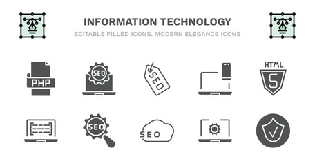 set of information technology filled icons. information technology glyph icons such as seo badge, seo tags, cross-platform, html5, code listing, code listing, seo configuration, software, authorize