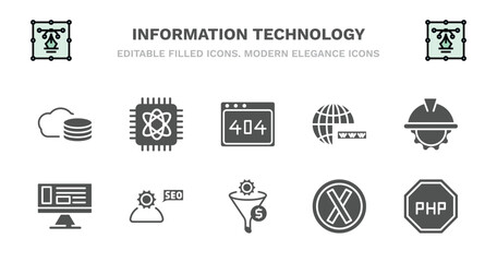 set of information technology filled icons. information technology glyph icons such as computing, 404 error, www, engineering, adaptive layout, adaptive layout, seo consulting, seo funnel, error,