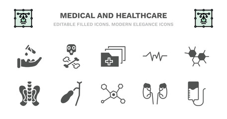 set of medical and healthcare filled icons. medical and healthcare glyph icons such as dead, medical results folders, pulse line, three hexagons cell, p, p, gallbladder, molecular structure, adrenal