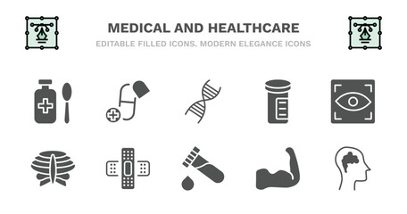 set of medical and healthcare filled icons. medical and healthcare glyph icons such as medicine capsules, medical chain of dna, pills jar, eye scanner sternum, sternum, sticking plaster, blood
