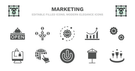 set of marketing filled icons. marketing glyph icons such as diversify, configuration, performance, service, online store, online store, web cursor, on, banner, affiliate vector.