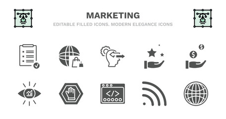 set of marketing filled icons. marketing glyph icons such as web shop, behavior, benefits, buying, business eye, business eye, ad blocker, webcode, rss, web graphic vector.