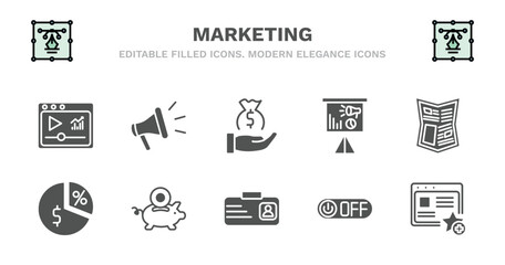 set of marketing filled icons. marketing glyph icons such as promote, get money, marketing presentation, gazette, margin, margin, pig bank, id, off, favorite web vector.