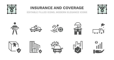 set of insurance and coverage filled icons. insurance and coverage glyph icons such as crash, risk pool, real estate insurance, total loss, cargo cargo building burning car, actual cash value,