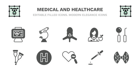 set of medical and healthcare filled icons. medical and healthcare glyph icons such as microscope tool, vertebra, nutrionist, dentist tool, crutches couple, crutches couple, heliport, medical heart