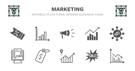 set of marketing filled icons. marketing glyph icons such as diagrams, campaign, trend, viral, crm, crm, price, demand, sale, marketing graph vector.