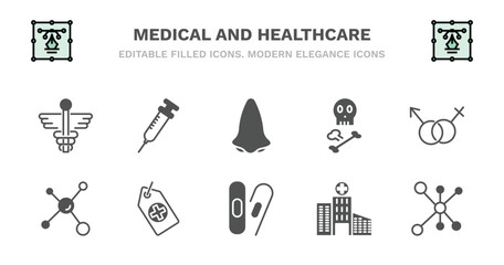 set of medical and healthcare filled icons. medical and healthcare glyph icons such as syringe with medicine, l, skull and bone, united heterosexual, molecular configuration, molecular