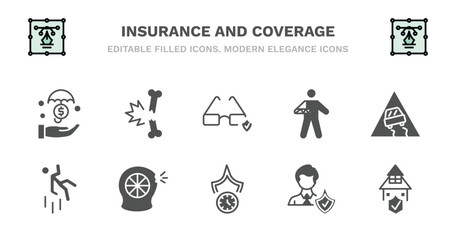 set of insurance and coverage filled icons. insurance and coverage glyph icons such as fracture, glasses insurance, broken arm, slippery road, falling, falling, puncture in a wheel, long term