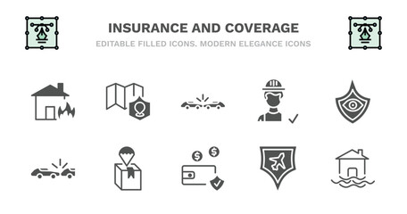 set of insurance and coverage filled icons. insurance and coverage glyph icons such as coverage area, frontal crash, construction risk, vision insurance, rear end collision, rear end collision,