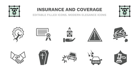 set of insurance and coverage filled icons. insurance and coverage glyph icons such as license, mortgage, disaster, stone on the road, shake hands, shake hands, coffin, accident, hail on the car,