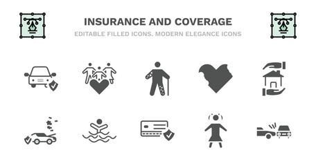 set of insurance and coverage filled icons. insurance and coverage glyph icons such as family care, wounded, bite, house insurance, engine problems, engine problems, drown, payment protection,
