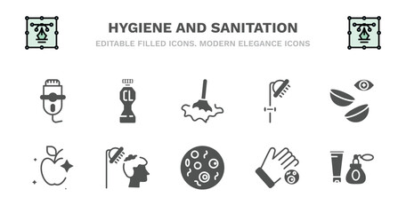 set of hygiene and sanitation filled icons. hygiene and sanitation glyph icons such as chlorine, wet cleaning, douche, lens, food hygiene, food hair washing, microbes, drying hands, cosmetics