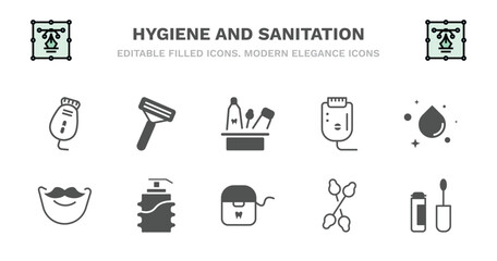 set of hygiene and sanitation filled icons. hygiene and sanitation glyph icons such as shaving razor, hygiene kit, epliator, purity, beardy, beardy, pump bottle, flossing, cotton swabs, dolled up