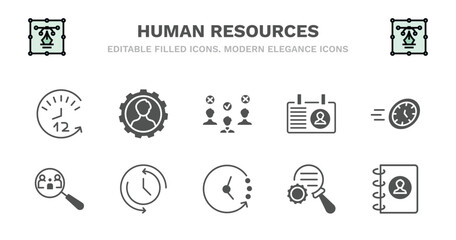 set of human resources filled icons. human resources glyph icons such as skills, selection process, personal profile, urgent, hiring, hiring, time, timing, due diligence, contact vector.