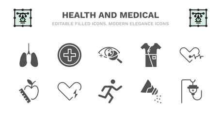 set of health and medical filled icons. health and medical glyph icons such as injury, ophthalmology, patient robe, cardiology, nutrition, nutrition, defibrillator, running, salt, saline vector.
