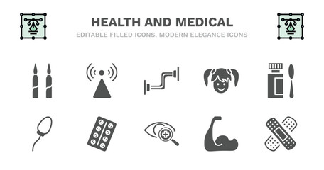 set of health and medical filled icons. health and medical glyph icons such as non ionizing radiation, chest expander, girl, syrup, spermatozoon, spermatozoon, medical strip, optometrist, biceps,