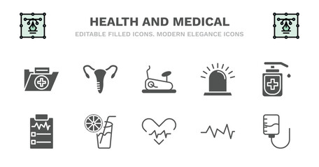 set of health and medical filled icons. health and medical glyph icons such as gynecology, stationary bike, emergency, desinfectant, medical result, result, orange juice, beat, pulse, drip vector.