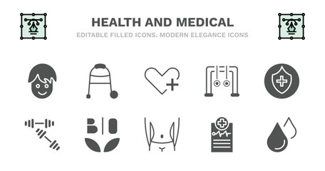 set of health and medical filled icons. health and medical glyph icons such as medical walker, health care, rings, shield, dumbbells, dumbbells, bio, body, report, blood drop vector.