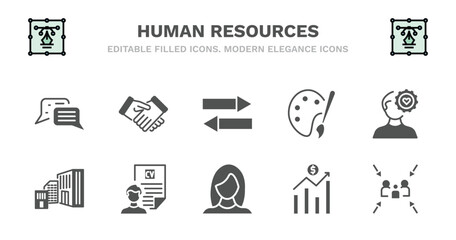 set of human resources filled icons. human resources glyph icons such as hired, compare, art, emotional intelligence, company, company, cv, women, earnings, meeting point vector.
