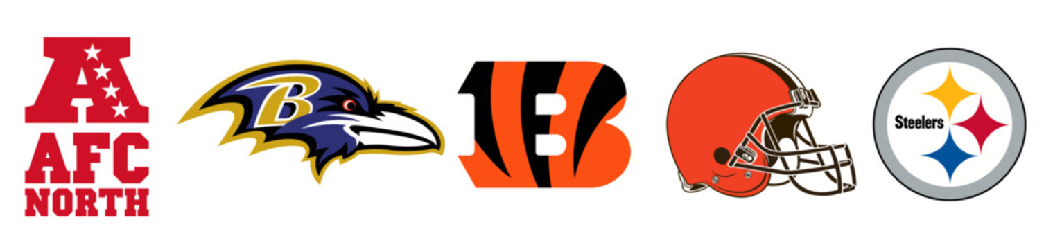 Vector logos of American Football Conference North teams Baltimore Ravens. Cincinnati Bengals. Cleveland Browns. Pittsburgh Steelers