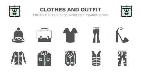 set of clothes and outfit filled icons. clothes and outfit glyph icons such as messenger bag, v neck shirt, flare pants, platform sandals, denim jacket, denim jacket, formal shirt, oxford wave