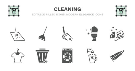 set of cleaning filled icons. cleaning glyph icons such as plunger cleanin, dustpan cleanin, toilet cleanin, sponge dress dress wiping trash, washing hine faucet toothpaste vector.