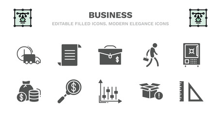 set of business filled icons. business glyph icons such as paper graphic, briefcase, employee going to work, big safe, finance, finance, money finder, tones, empty box, maths tool vector.