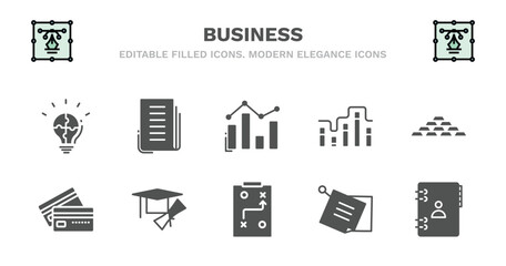 set of business filled icons. business glyph icons such as newspaper page, bar diagram, graphic progression, stack of gold, bank card, bank card, graduation ceremony, tactic, post it, address book