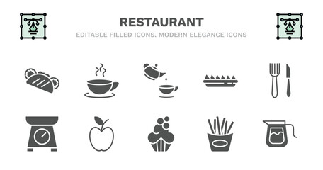 set of restaurant filled icons. restaurant glyph icons such as breakfast cup, tea, nachos plate, thin knife, electric weight scale, electric weight scale, with skin, cupcake with cream, french fries