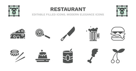 set of restaurant filled icons. restaurant glyph icons such as restaurant fried egg, big knife, foamy beer jar, complete hamburger, sushi piece, sushi piece, creme caramel, mermelade tin, chicken