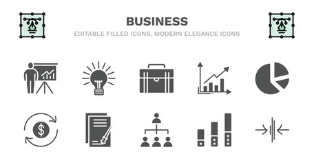 set of business filled icons. business glyph icons such as round light bulb, business briefcase, graphs, circular pie chart, money convert, money convert, , hierarchy structure, ranking factor,